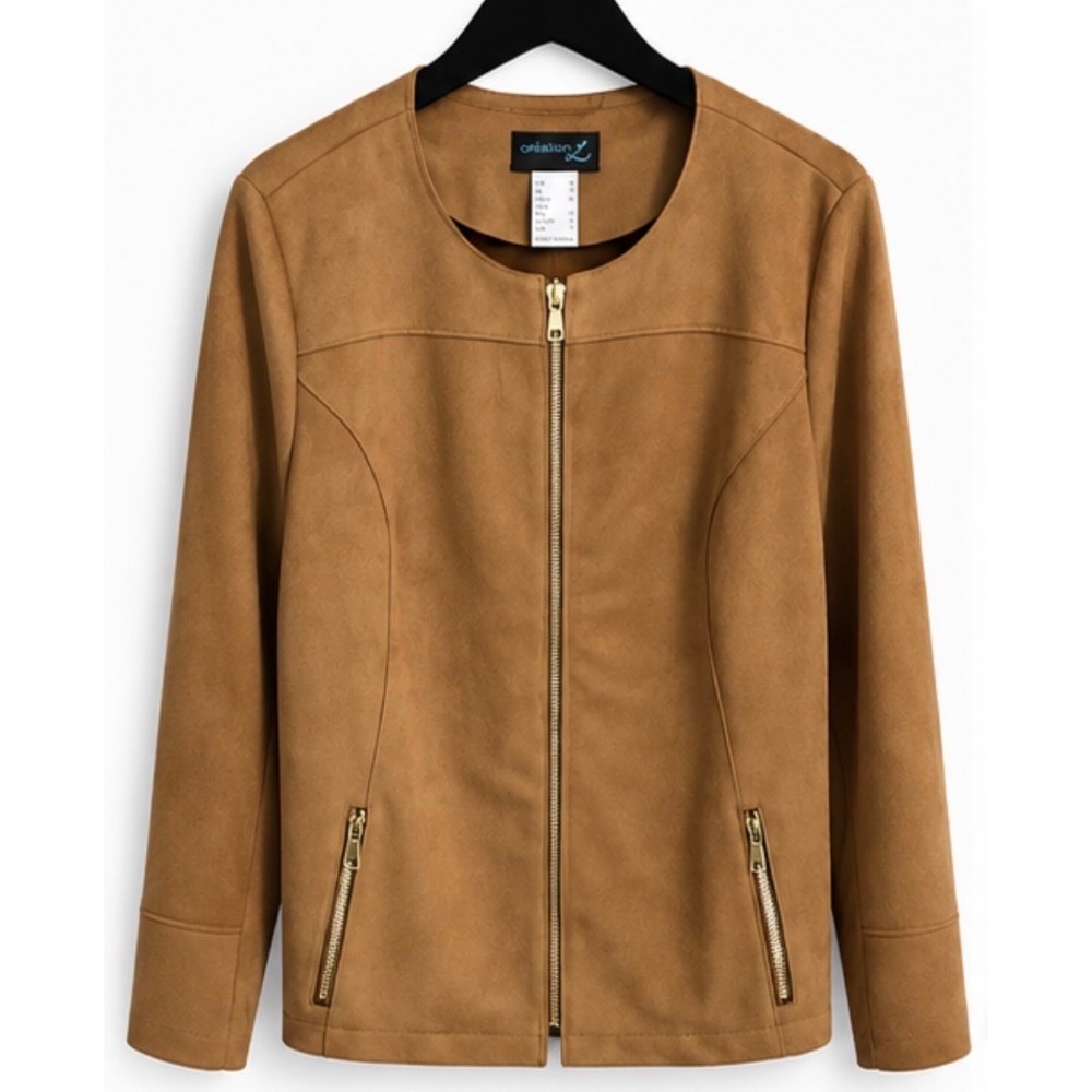 Creation L Womens Faux Suede Collarless Zip Up Jacket Camel Tan Size 10 W 49307